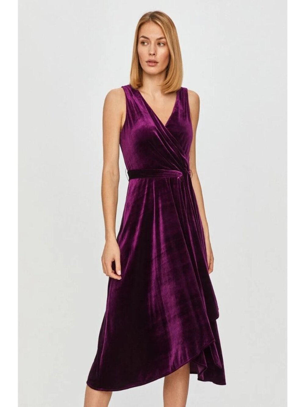 DKNY Velvet Dress Size 2 Purple Midi Sleeveless Wrap Tie Design V Neck